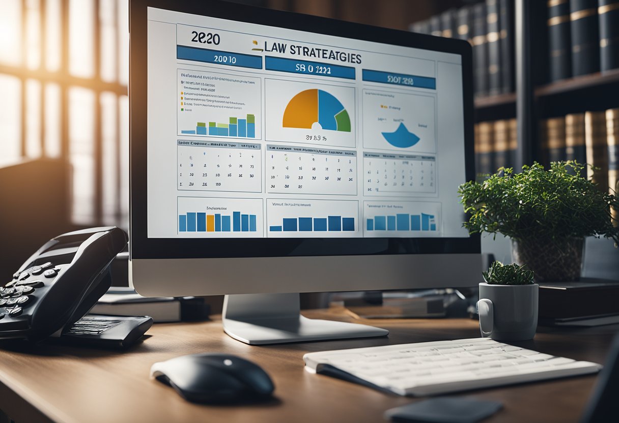 A lawyer's office with a computer screen displaying SEO strategies for 2025. Books on law and marketing are scattered on the desk. A calendar shows the year 2025