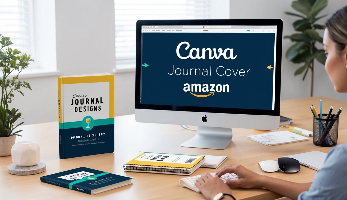 A person using Canva to create journal cover designs for Amazon, with a computer, journals, and design elements on a desk