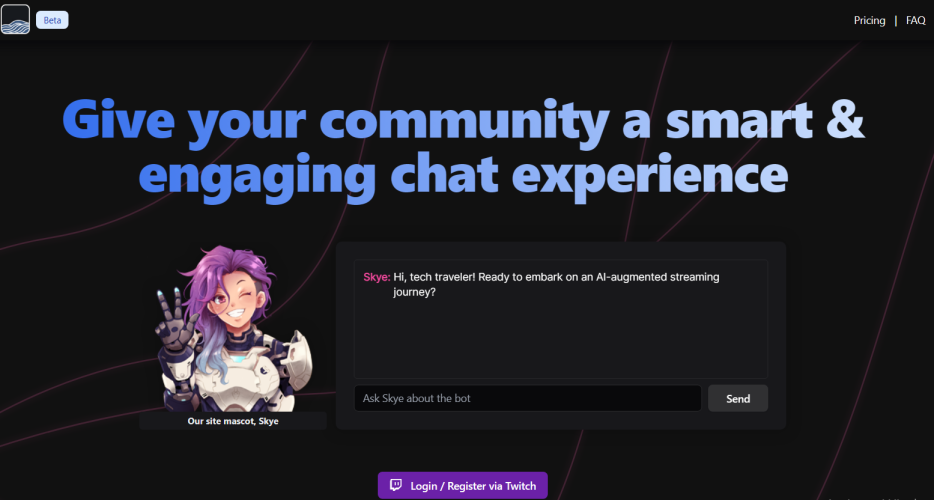 A screenshot of the AI Twitch Chat website, showcasing the tagline 