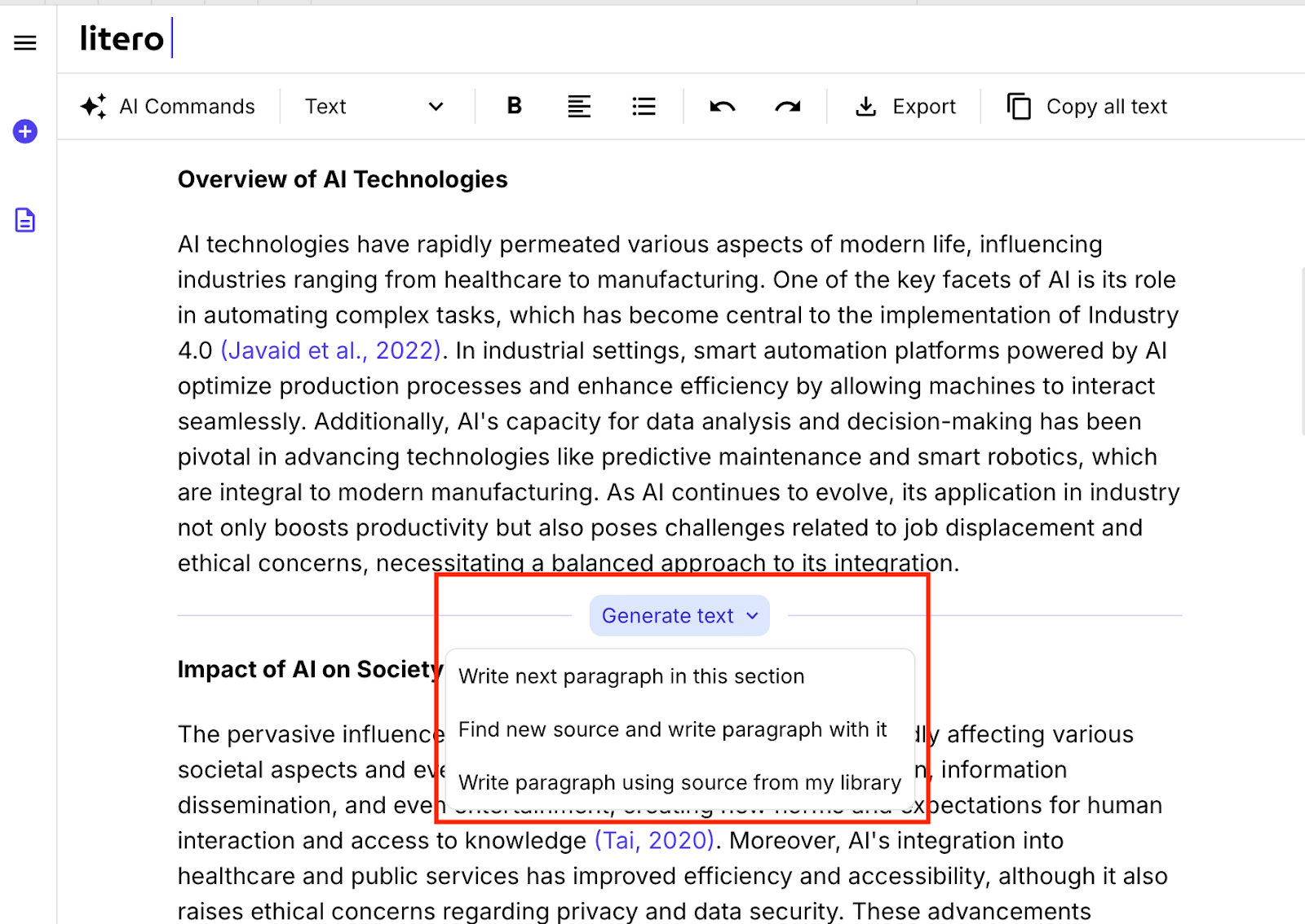 Litero AI has a feature to generate specific paragraph