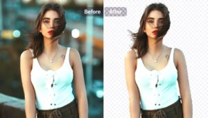 A split-image comparing a 'Before' and 'After' photo of a person's outfit and color adjustments.