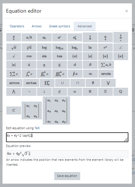 Equation Editor Pop-Up Window containing 6x + 4y^2 \sqrt{2}