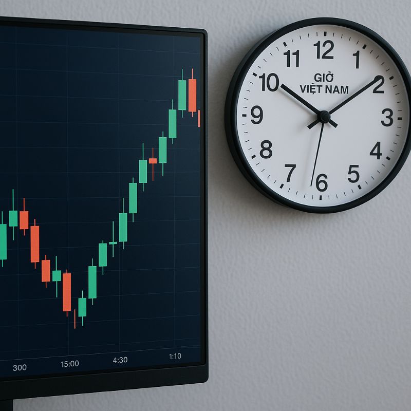 Bàn làm việc trader với biểu đồ Forex và đồng hồ treo tường