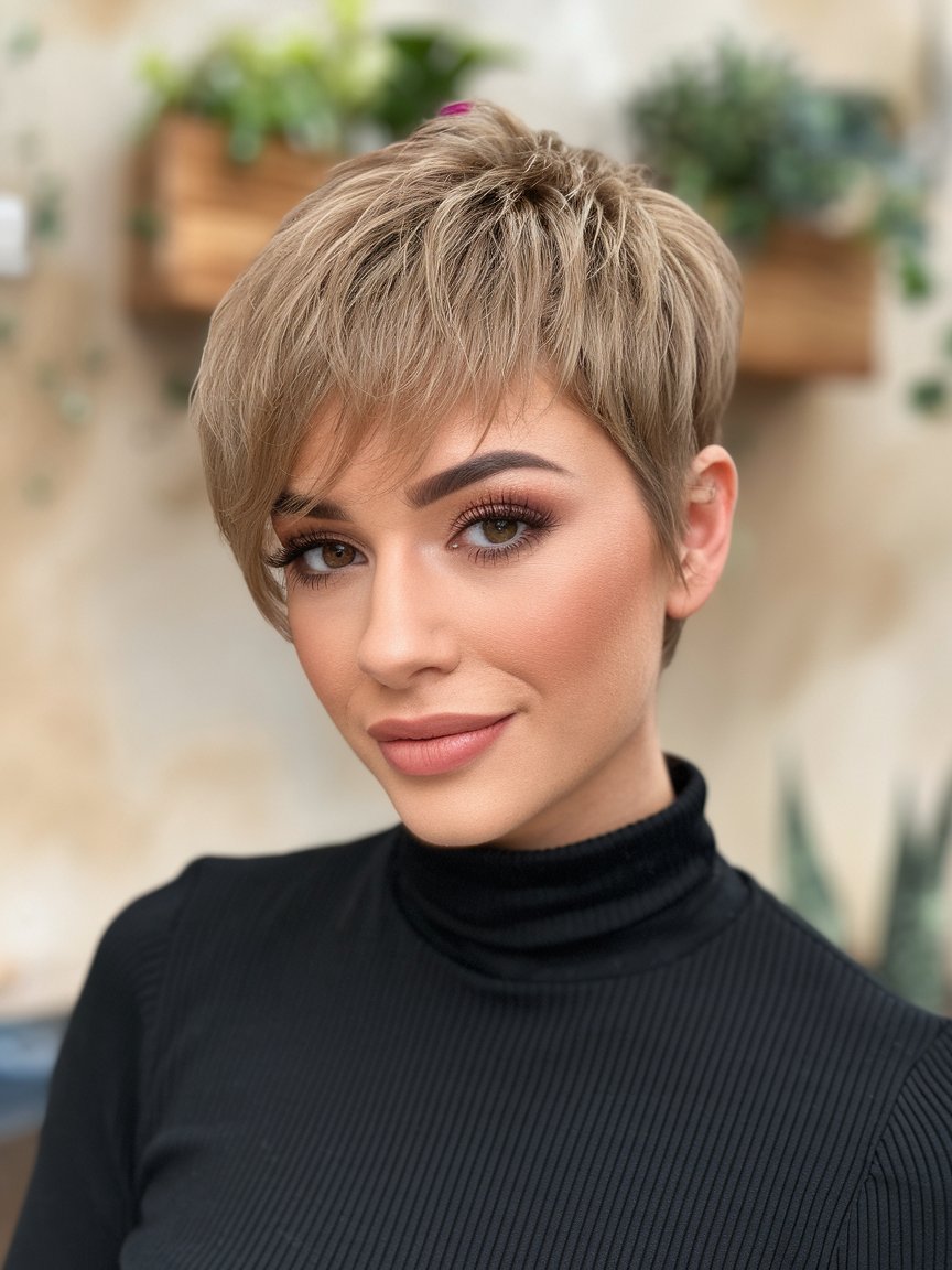 87. Tapered Shaggy Pixie with Side Swept Fringe