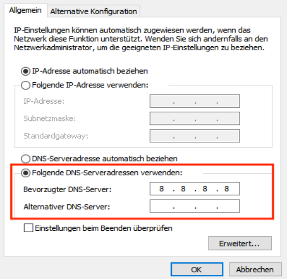 Wählen Sie „Folgende DNS-Serveradressen verwenden“