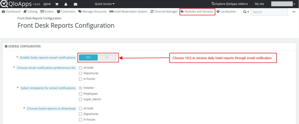 QloApps Front Desk Reports, To Enable Daily Email reports notifications.