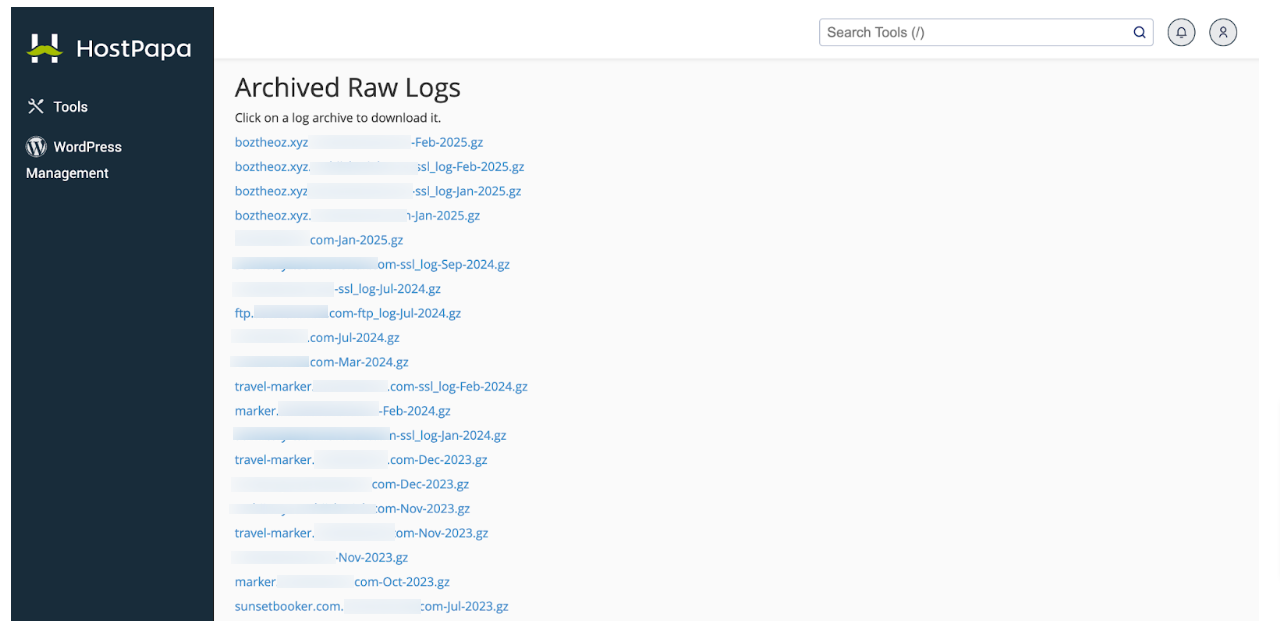 Archived Raw Logs im Controlpanel.