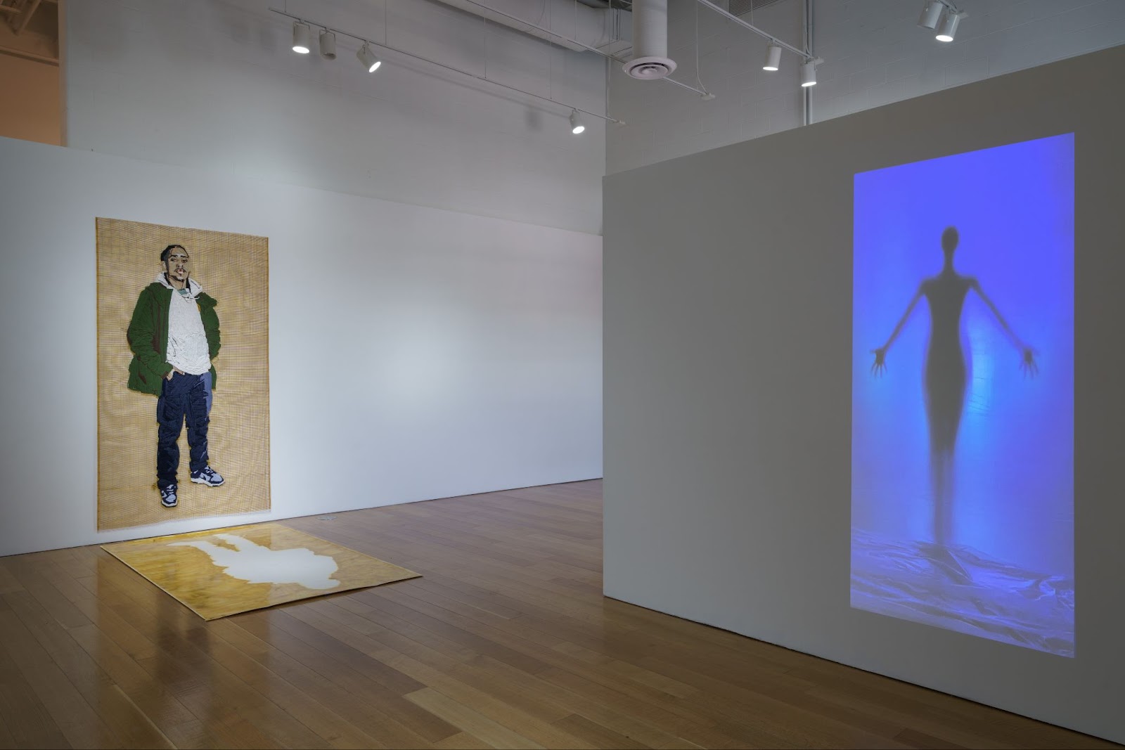 Image: Gallery view of two installations hung on two different walls. Left wall: Kandy G Lopez’s Luis and Invisible Luis, both 9’ x 5’. Luis is a fiber sculpture of a masculine figure in a green coat, dark blue jeans and Nike high-tops affixed on hook mesh, and Invisible Luis is an inverted spray-painted silhouette of the sculpture in gold on yupo paper. Right wall: Alexis Borth’s ENTOS, 7 minutes 59 seconds. The film is of a black sihlouette against a blueish-purple tinted background, with auditory elements. Allegories of Inertia, Charlotte Street, September 27-November 9, 2024. Photo by E.G. Schempf.