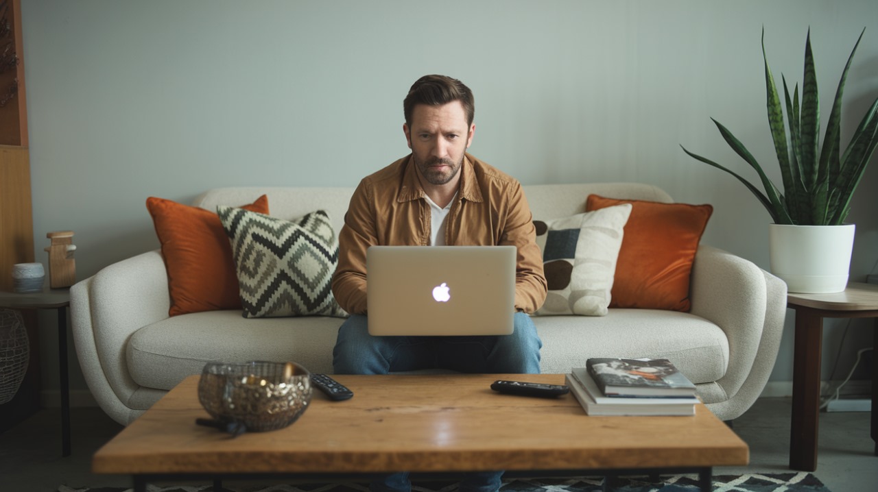 A man using a laptop, appearing very focused and concentrated on screen