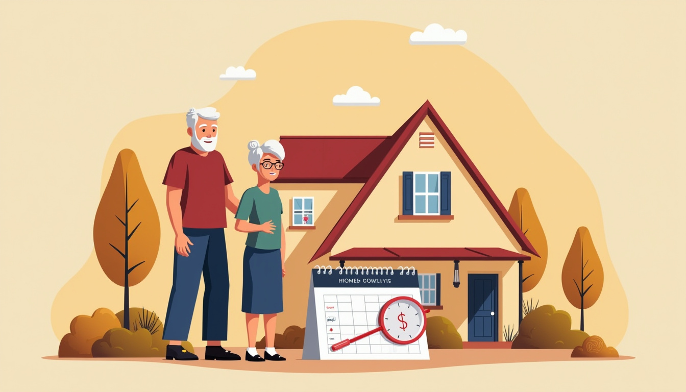 Senior couple in front of home with calendar showing tax deferral option in Texas