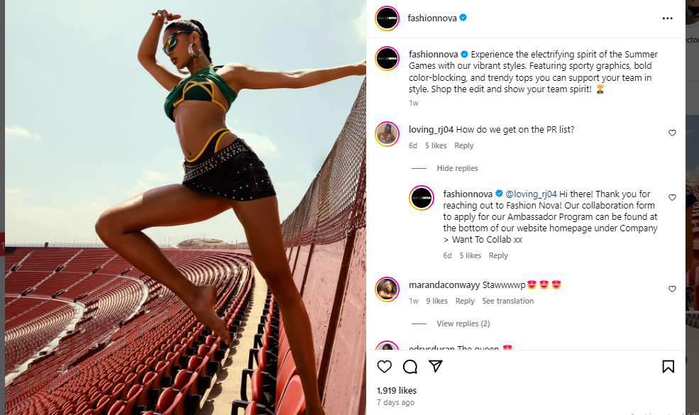 Fashion Nova social media page as a way to also drive traffic.