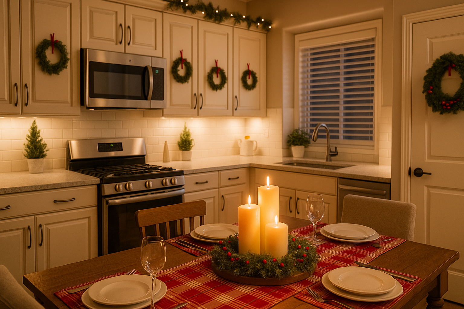 Holiday-decorated kitchen with simple wreaths and a Christmas-themed dining table setup.