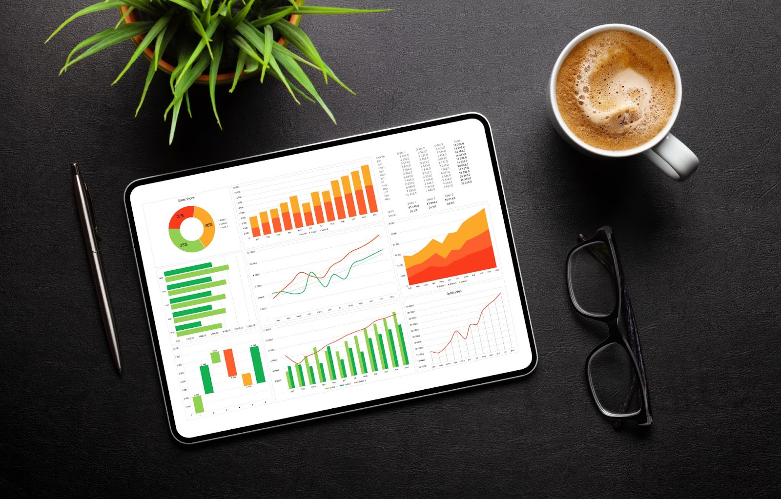 Tablet with analytics and graphs on the screen next to a pen, a potted plant, a pair of glasses, and a cup of coffee. 