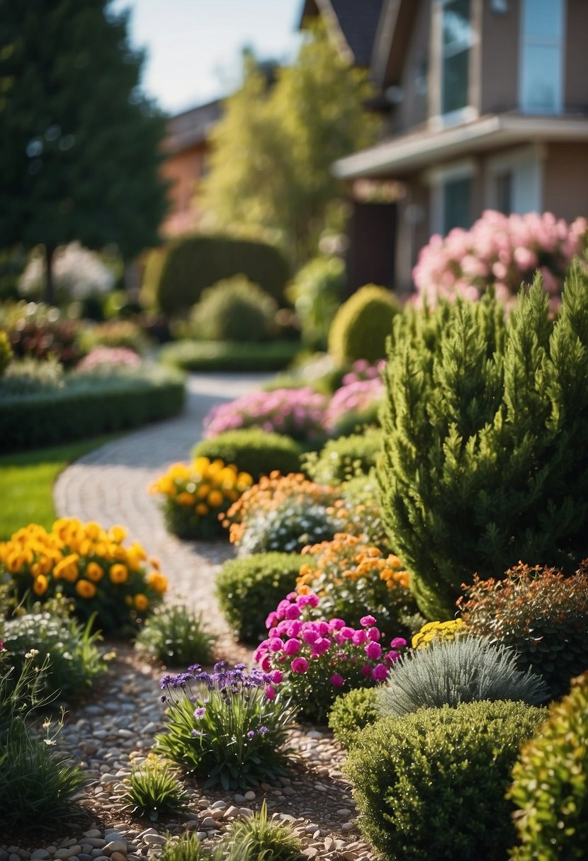 A well-maintained front yard with a variety of plants, flowers, and trees arranged in a visually appealing and balanced manner