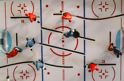 Overhead view of dome hockey game.