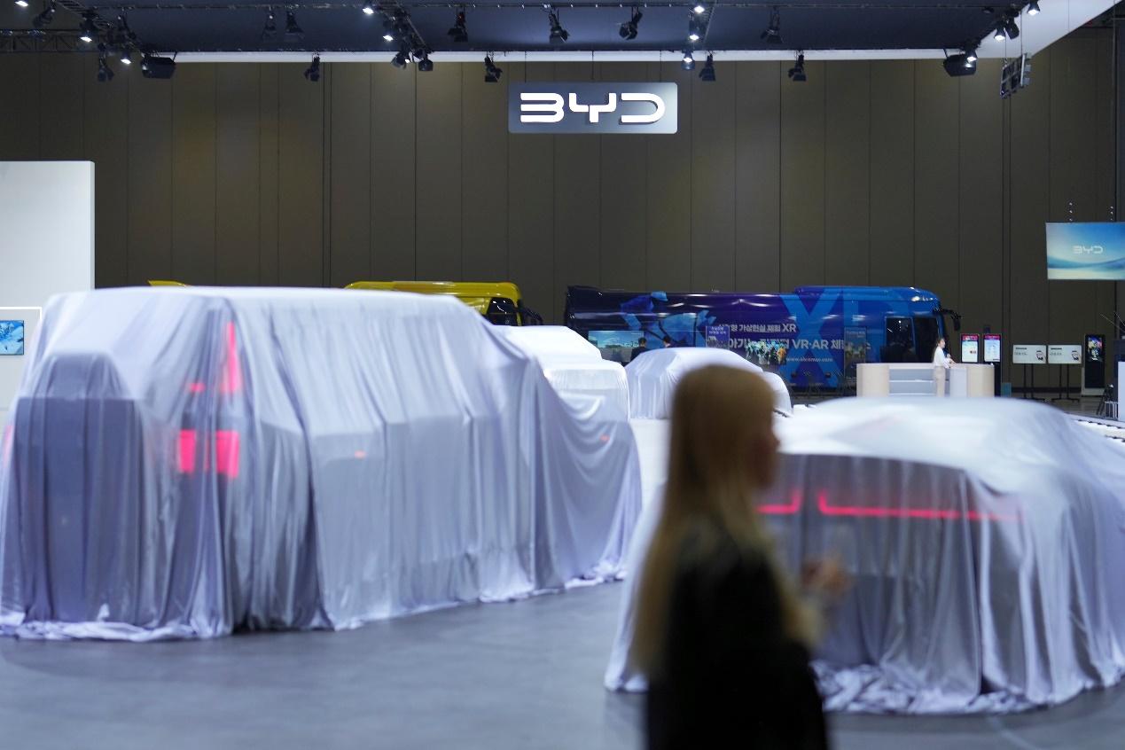Veiled cars are seen at BYD booth during the media day at the Seoul Mobility Show in Goyang, South Korea, Thursday, April 3, 2025. (AP Photo/Lee Jin-man)