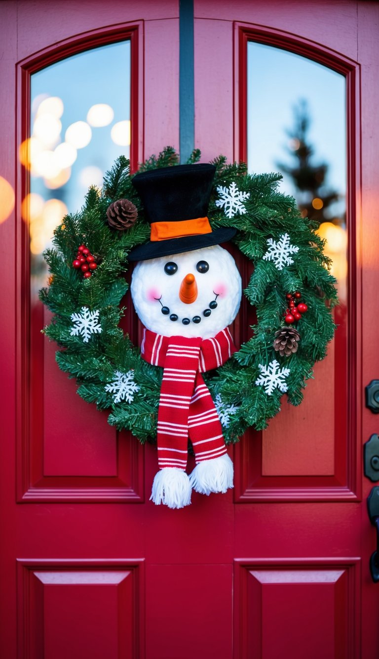 A snowman shaped wreath hanging on a red door, adorned with a carrot nose, top hat, and festive scarf