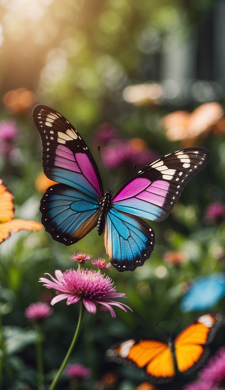 A backyard filled with colorful butterfly decorations, creating a whimsical fairy garden