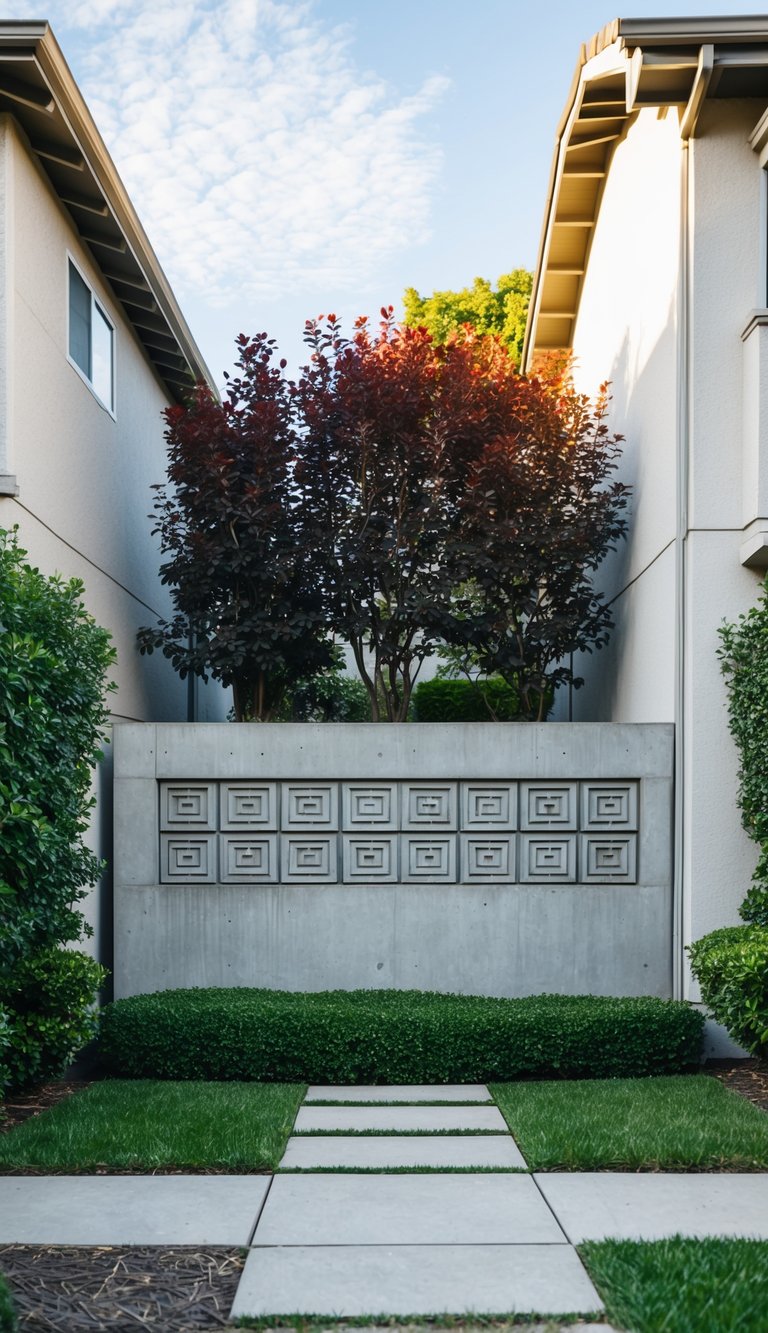 A tall decorative concrete wall stands between two houses, surrounded by lush privacy landscaping