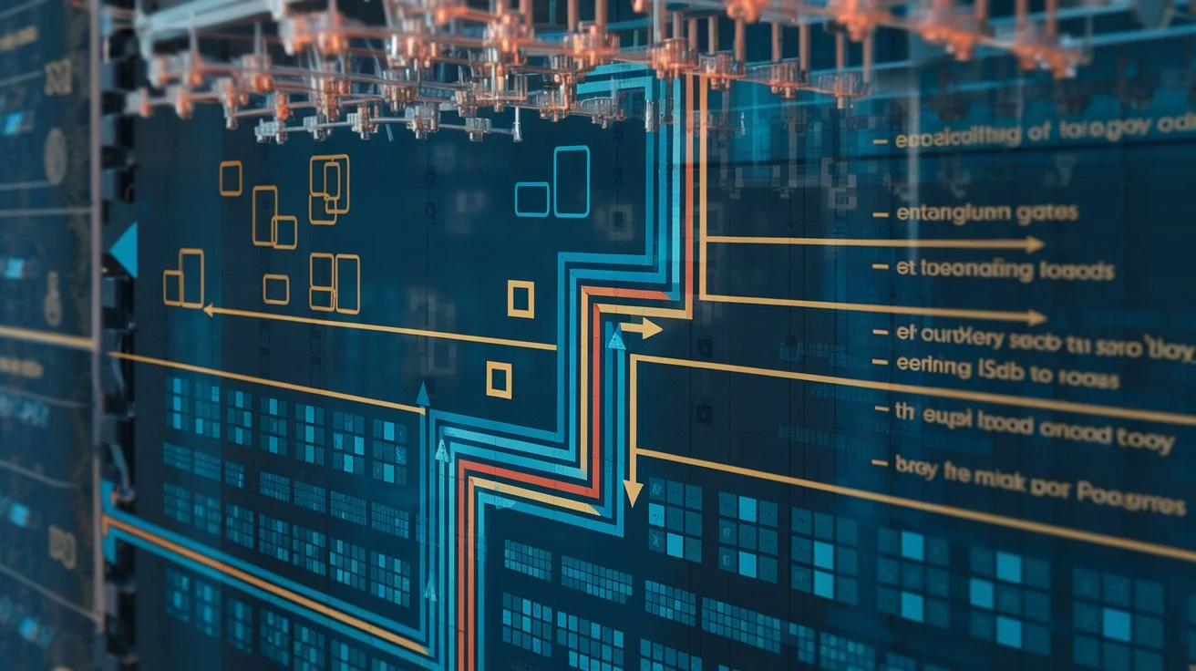 Visualize the workings of a quantum computer with a diagram showing the flow of qubits and superposition states. Include annotations explaining key concepts like entanglement and quantum gates.