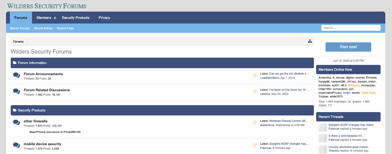 Screenshot of Wilders Security Forums.