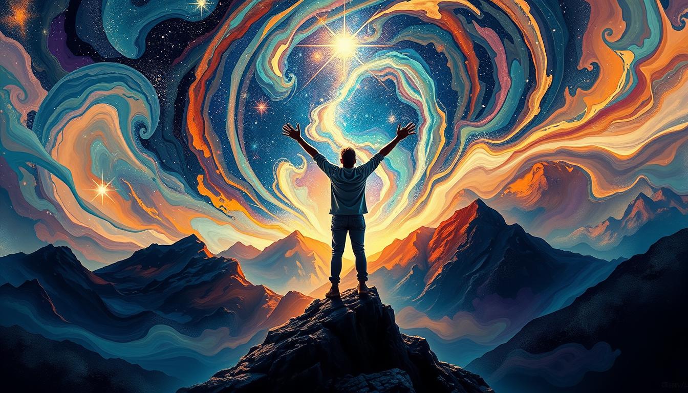 A person standing on a mountain peak, gazing up at a starry sky, with their arms stretched out wide in a triumphant pose. In the background, a swirling vortex of colors and shapes represents the limitless possibilities that can be achieved through the power of dreaming and visualization.