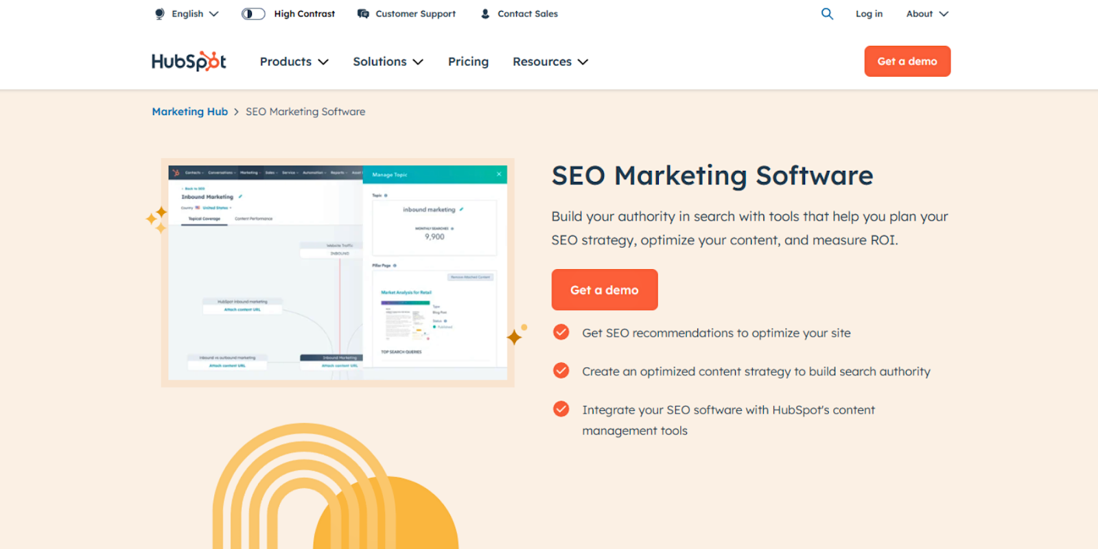 HubSpot SEO marketing software interface designed to help you optimize your website without third-party tools.