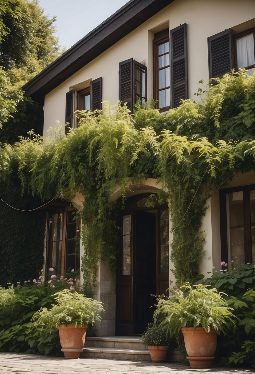 Lush green vines climb up the front of a cozy house, adding a natural and charming touch to the landscape