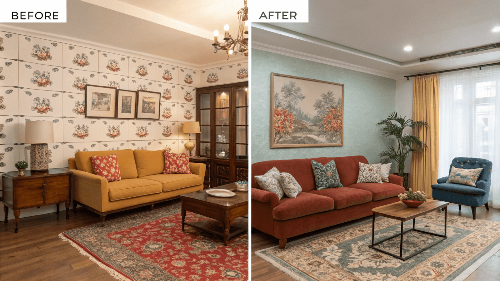 Before and after photos of a transformed living room