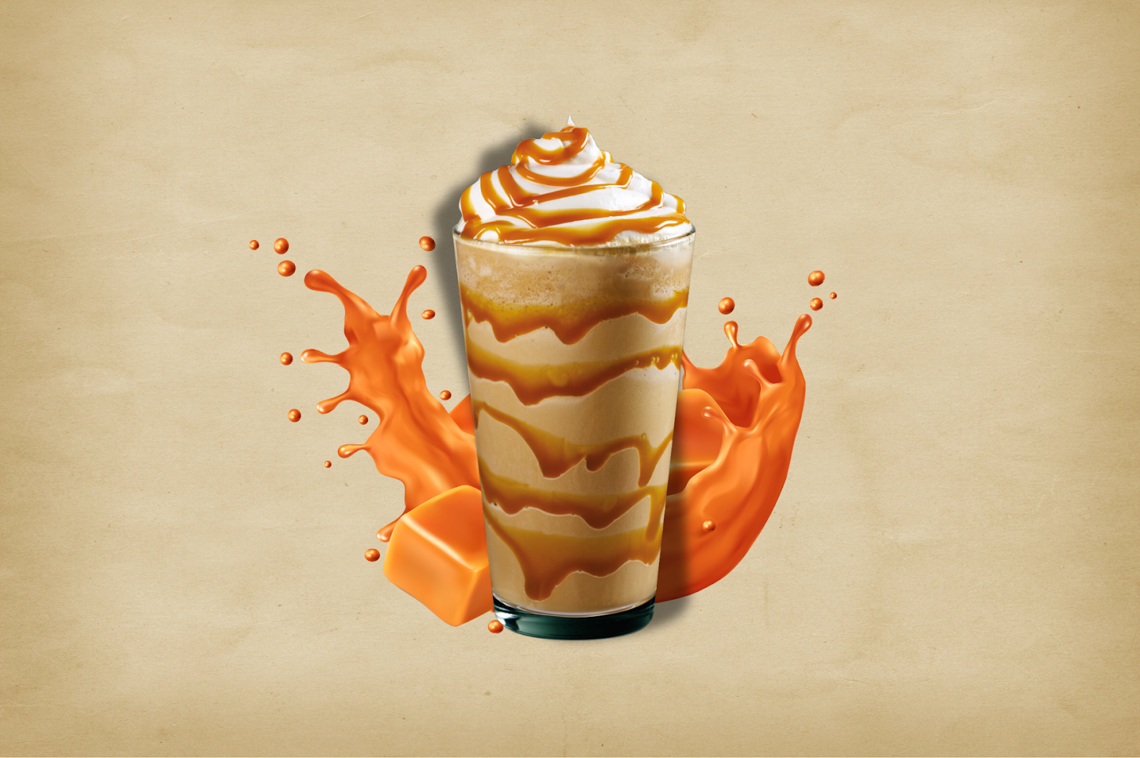 A picture of a Caramel Frappuccino, decorated with whipped cream and caramel drizzle, perfect for a home barista.