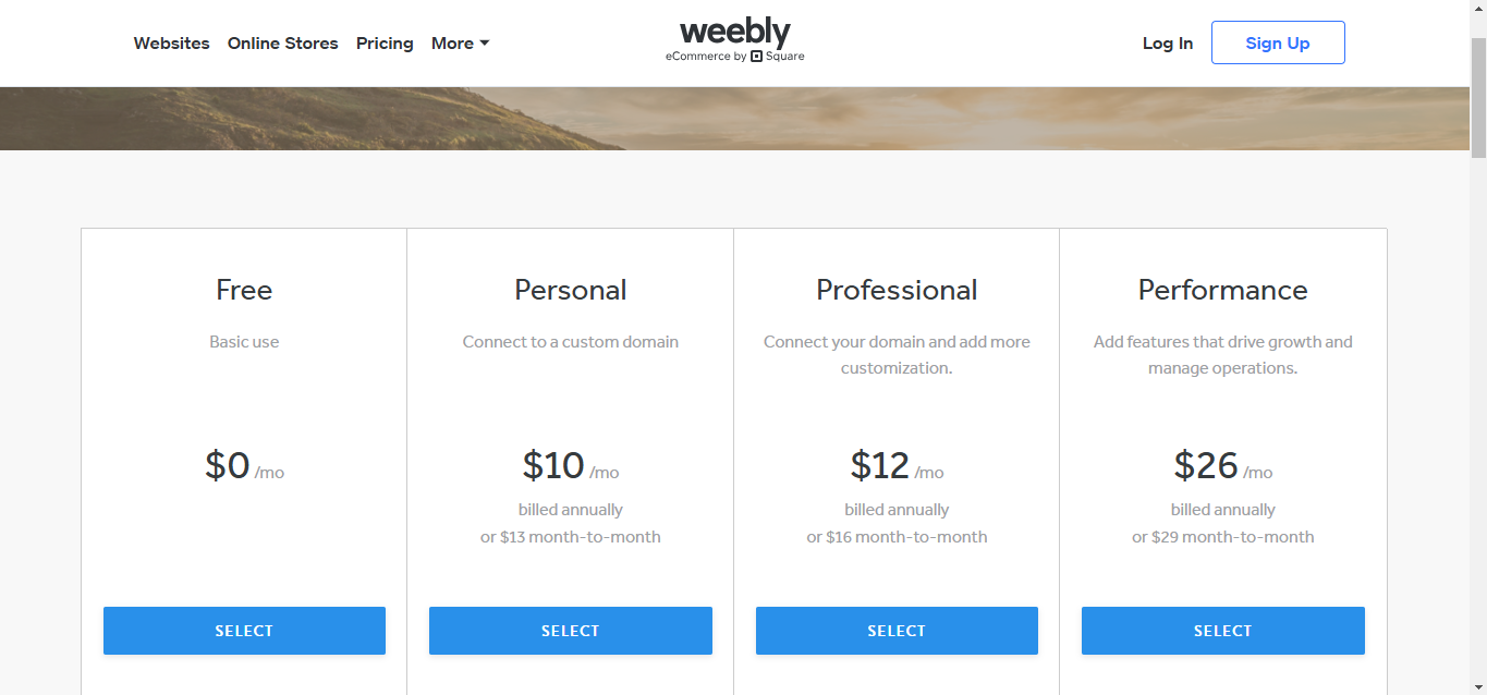 a screenshot of weebly pricing