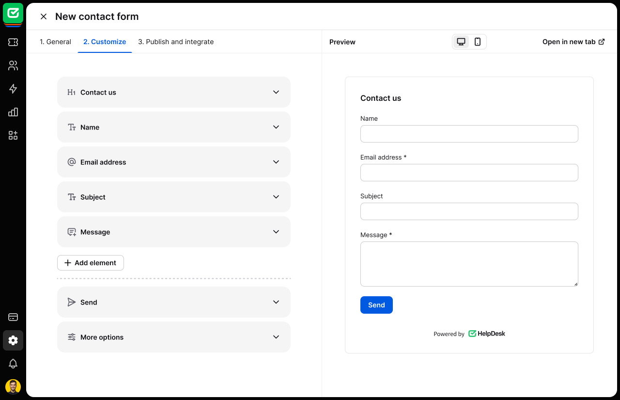 The &ldquo;Customize&rdquo; option for the contact form.