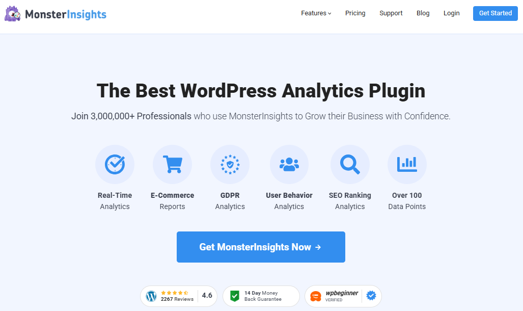 A snapshot of the homepage of MonsterInsights