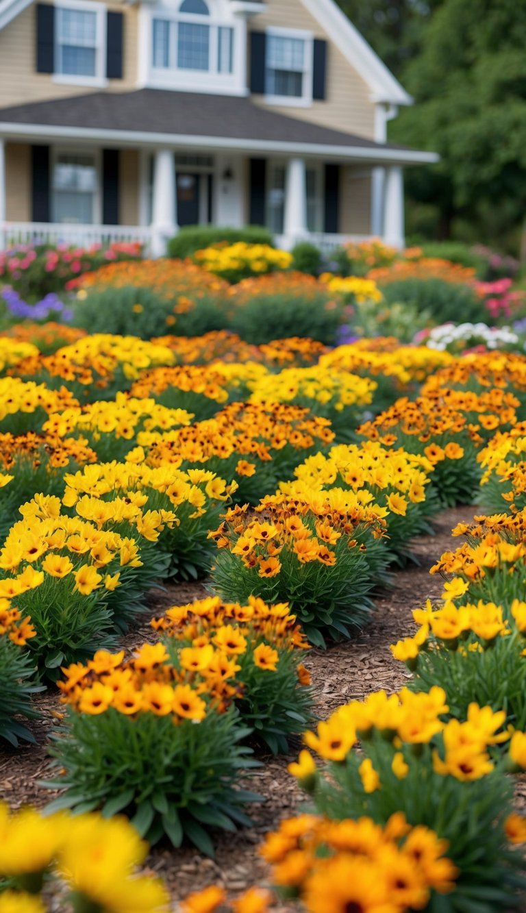 21 Coreopsis flower beds arranged in front of a charming house, with a mix of vibrant yellow and orange petals creating a beautiful and colorful display