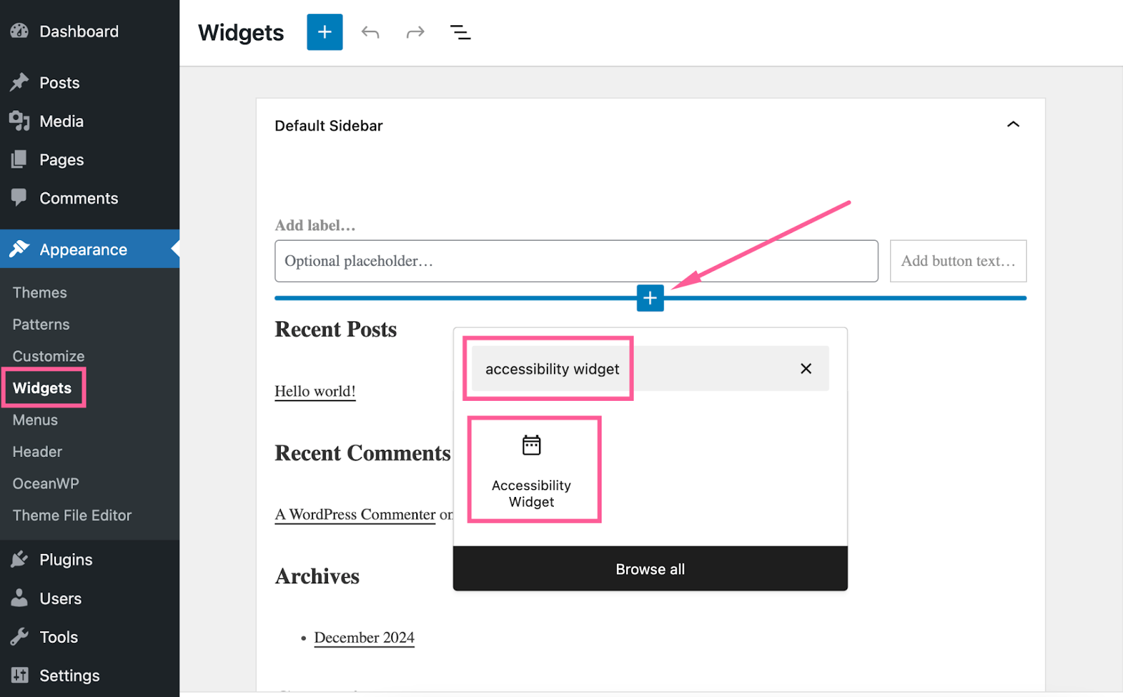 Agregando un widget en la pantalla de Apariencia > Widget de WordPress. El usuario está buscando el widget "Accessibility Widget"