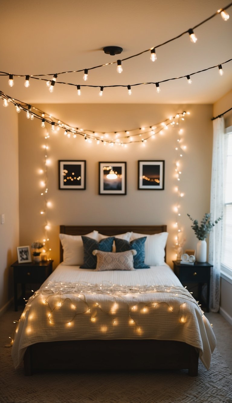 A cozy master bedroom adorned with twinkling fairy string lights, creating a romantic and enchanting ambiance