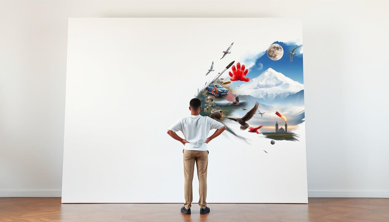 A person standing in front of a big blank canvas, hands on hips with confidence. The canvas is split into two halves, one side representing their current reality and the other representing their desired outcome. On the current reality side, there are images of obstacles and challenges they face, and on the other side, there are images of their desired manifestation coming to life. The person is holding a paintbrush, ready to create their reality through manifestation.