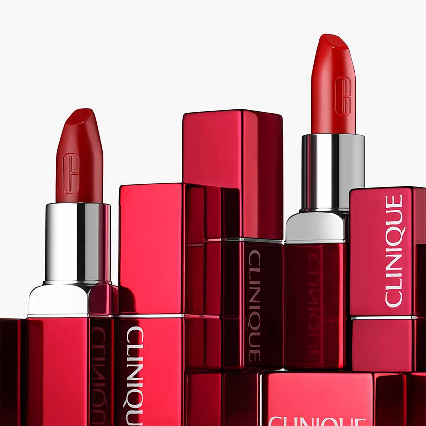  Clinique creamy lipsticks in glossy red tubes with satin red tones – top lipstick brand for chemical-free and dermatologist-approved lip color.