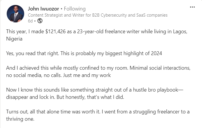 John Iwuozor revealing how much money he made from content writing