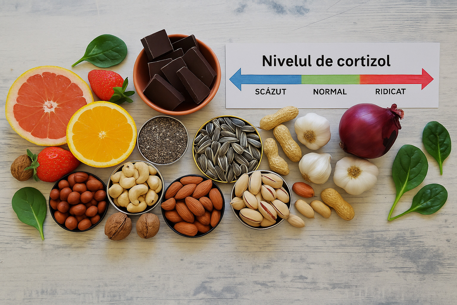 O imagine cu un grafic arătând care sunt alimentele care scad sau cresc cortizolul.
