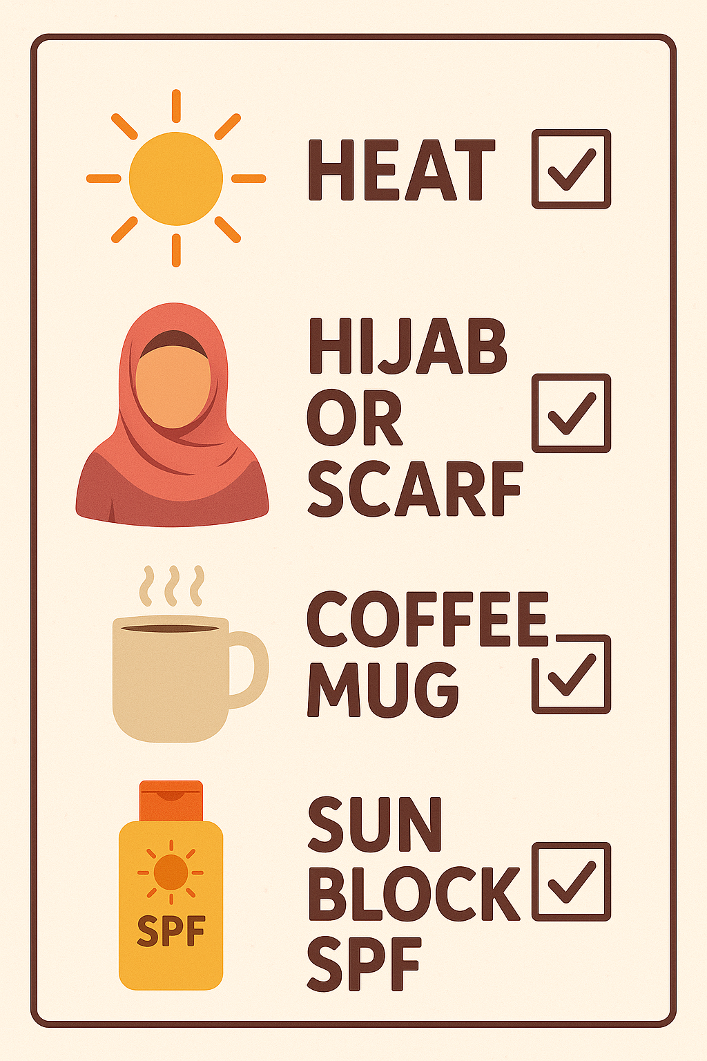 Illustrated infographic showing lipstick durability checklist for hot weather and hijab wearers – ideal for halal and long-lasting lipstick needs.