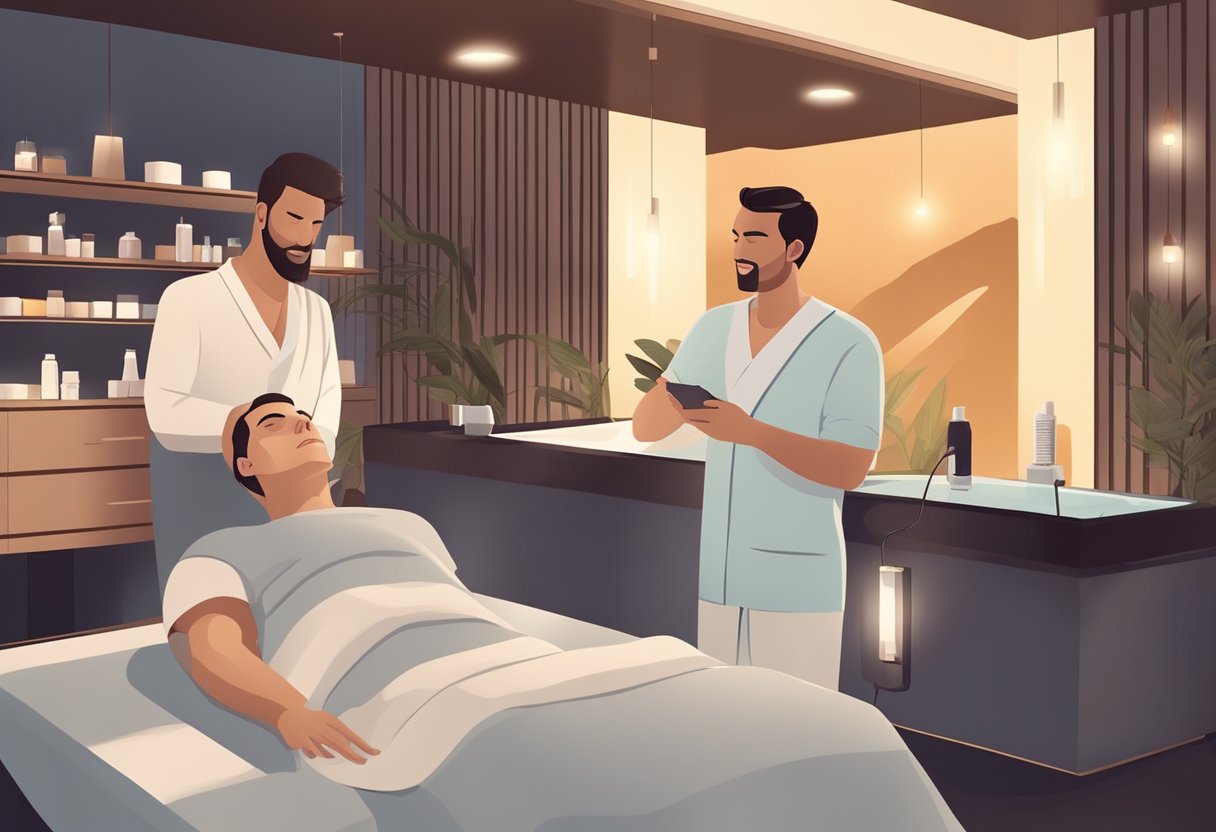 A man receiving a facial treatment in a modern spa setting, with soothing music and dim lighting creating a relaxing atmosphere