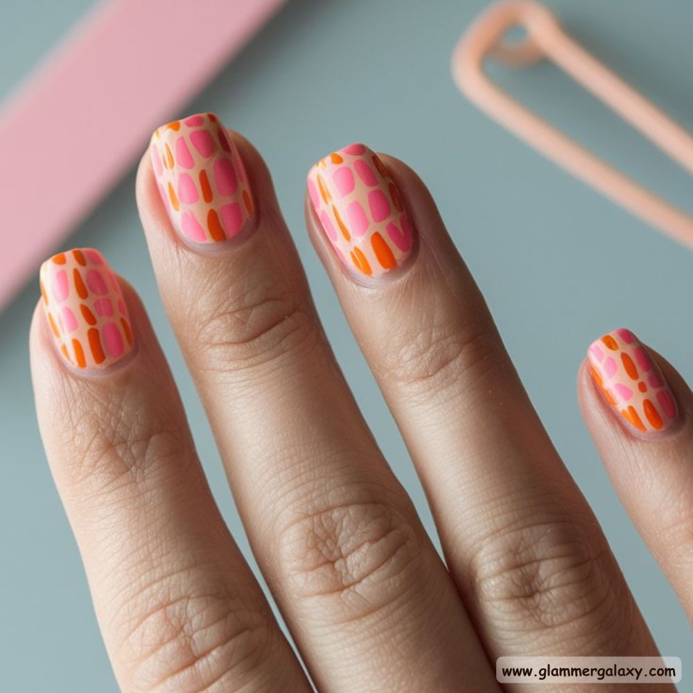 Orange and Pink Summer Nails with Edgy Croc Nails