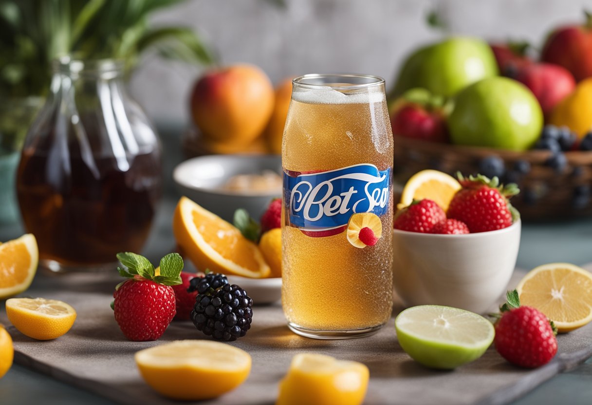 A glass of diet soda with artificial sweeteners sits on a table, surrounded by colorful fruit and a measuring spoon