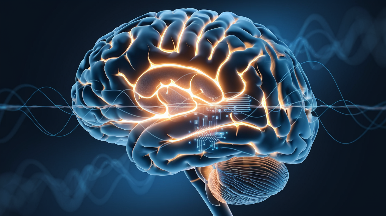 Create a realistic image of a 3D cross-section of a human brain with glowing neural pathways and waves of energy flowing through it, showing interconnected neurons lighting up in blue and gold colors, with small digital elements like circuits subtly integrated into the brain tissue, against a dark background that makes the brain illumination stand out dramatically.