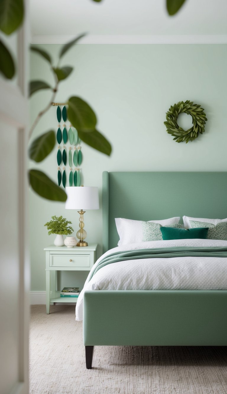 A sage green bed frame in a serene bedroom with 23 green decor ideas