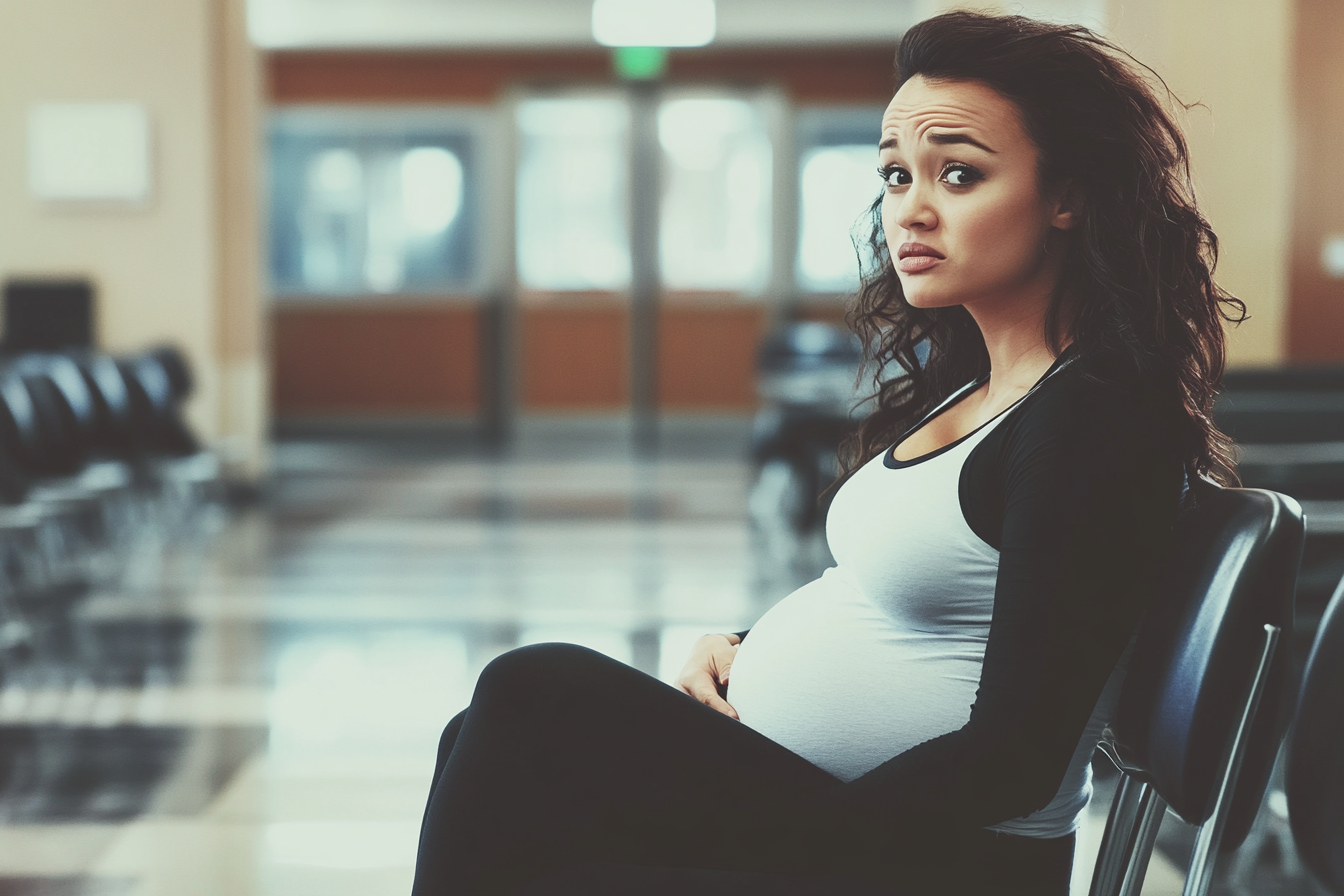 A worried woman in a hospital waiting room | Source: Midjourney