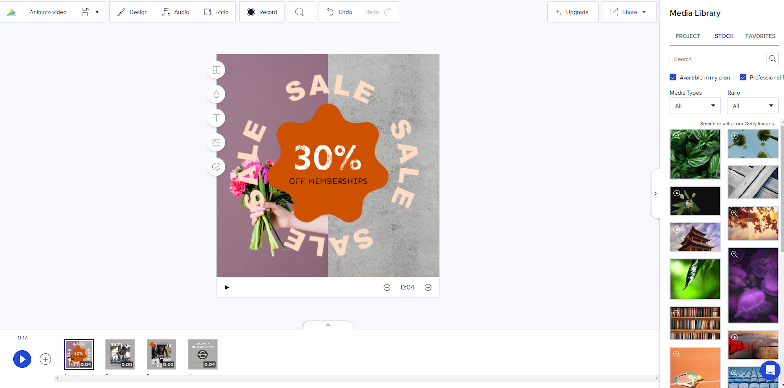 Animoto video editing interface displaying a sale-themed template with 30% off memberships and media customization tools.