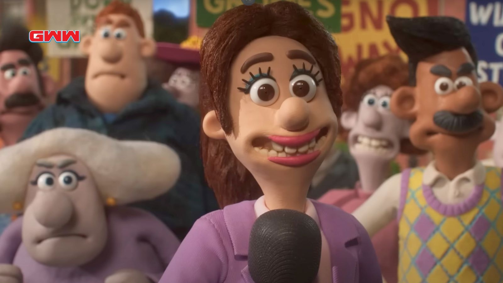 Close-up of a news reporter in Wallace and Gromit: Vengeance Most Fowl.