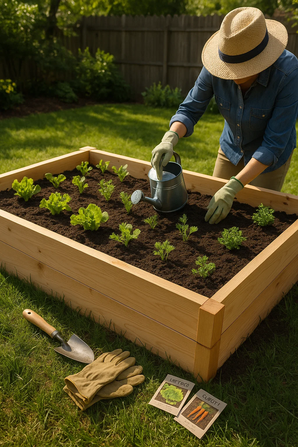 A sunny backyard or garden space featuring a well-built raised seed bed made of wood, filled with rich soil and young vegetable seedlings like lettuce, carrots, and herbs. Nearby, a person is planting or watering, with gardening tools like a trowel, gloves, and seed packets visible. The scene emphasizes the structure and accessibility of the raised bed, with a clean, organized, and productive atmosphere.